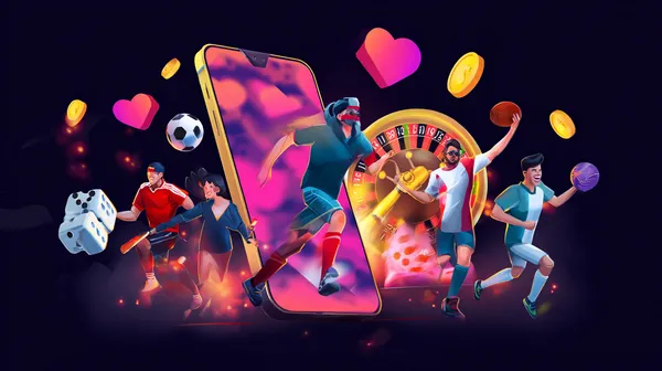 App BB222 — Aproveite jogos sem interrupções no seu smartphone Uma jovem relaxando com o celular enquanto elementos dinâmicos de cassino flutuam ao seu redor, ilustrando a experiência móvel fluida oferecida pelo app BB222.